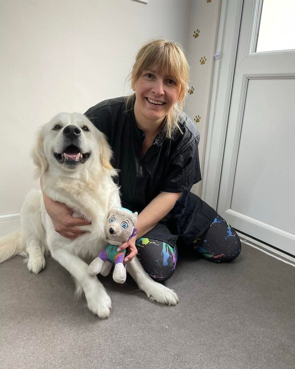 Magda kneeling on the salon floor hugging a smiling cream Golden Retriever holding a toy at Kiss My Mutt, Stone