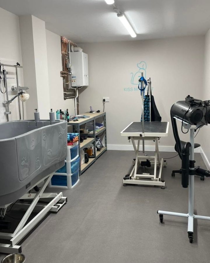 Inside the grooming salon with the walk-in bath, grooming table and dryer at Kiss My Mutt, Stone